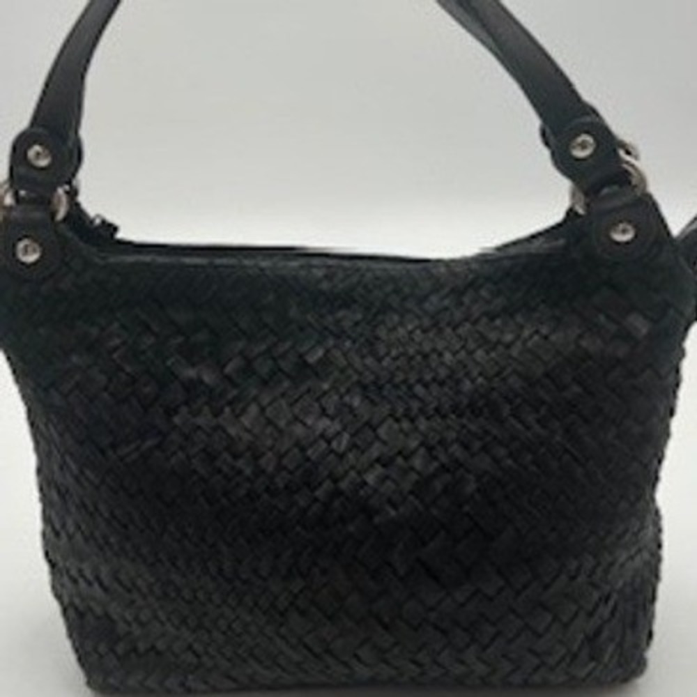 Enzo Poli Black Woven Leather Hobo Shoulder Bag‎ Silver Hardware Medium